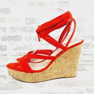 Guess Treacy Red Faux Suede Lace Up Ankle Strap Open Toe Wedge Sandals K807